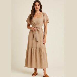 Sim & SAM NWT beige 100% cotton maxi dress with belt Sz M